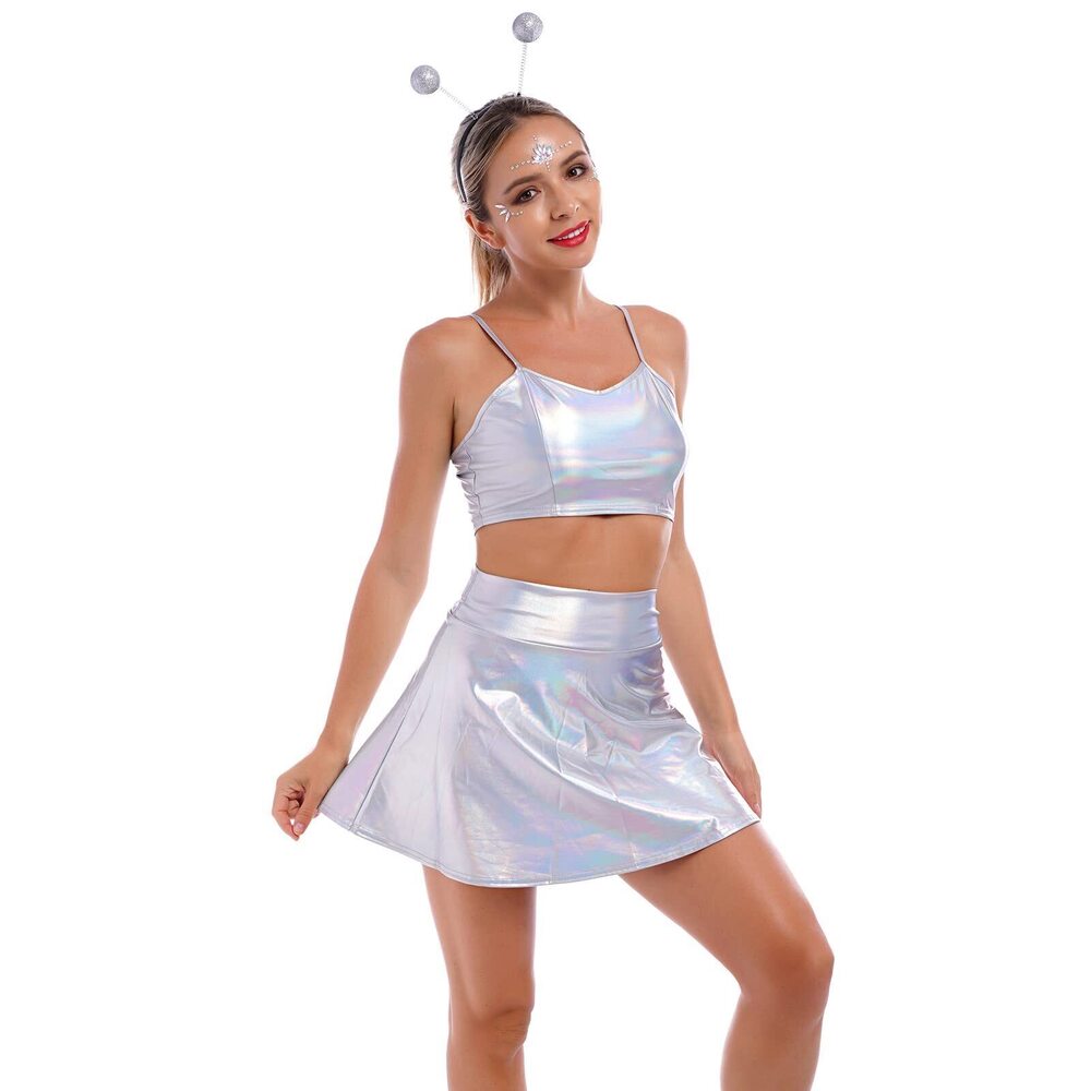 1729 Alien Costume Rave Outfit for Festival Metallic Crop Top Shirt Skirt